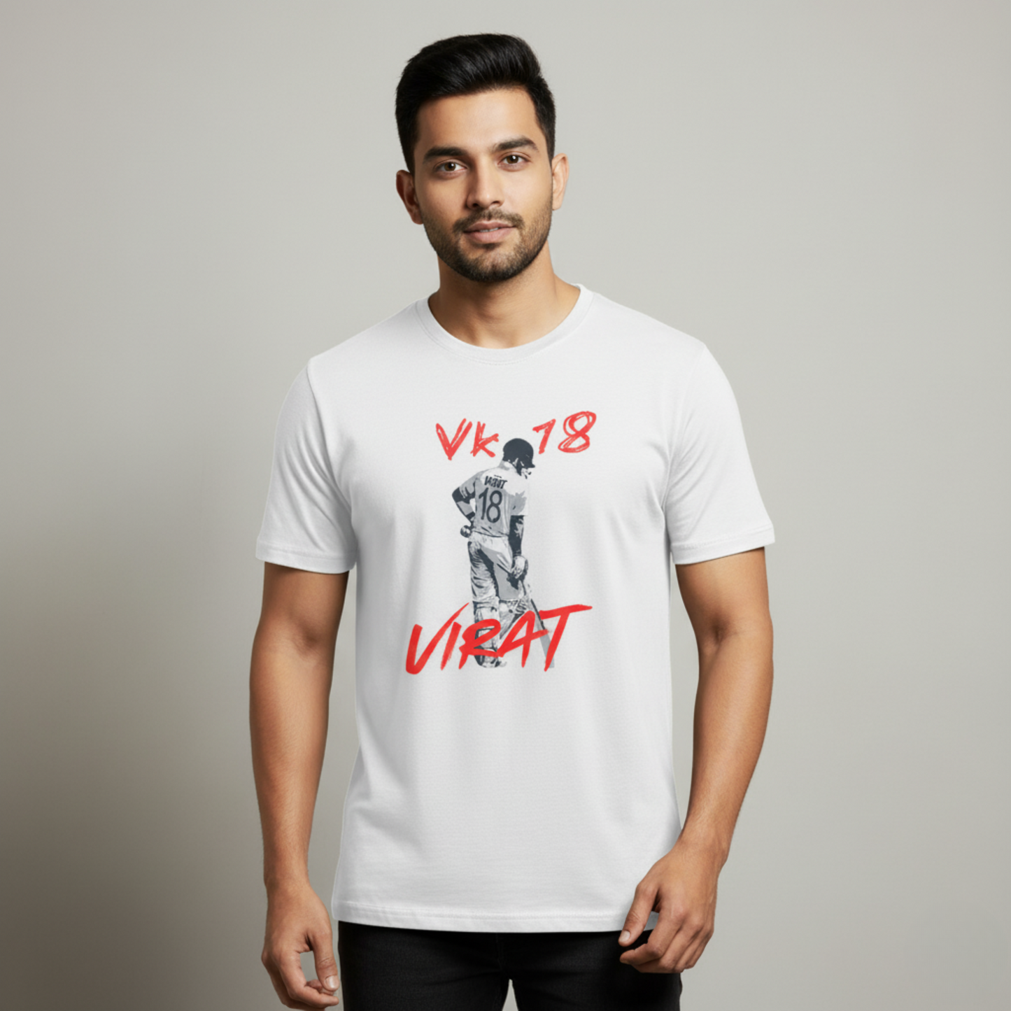 White VK18 Virat T-shirt featuring Virat graphic with jersey number 18 in red and White.