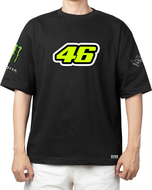 Front view of black oversized t-shirt with neon yellow number 46 and Monster Energy logo on sleeve.