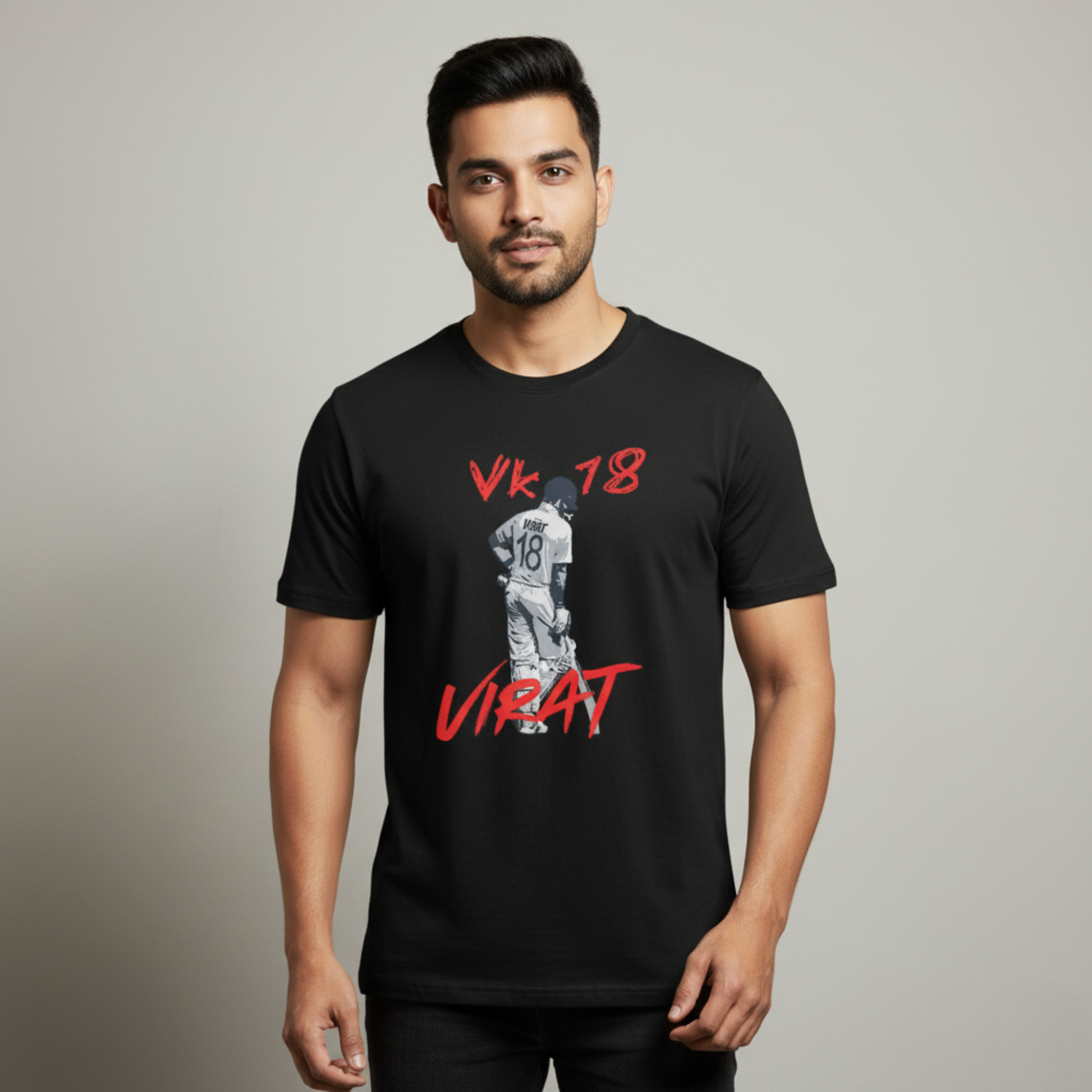 Black VK18 Virat T-shirt featuring Virat graphic with jersey number 18 in red and white.