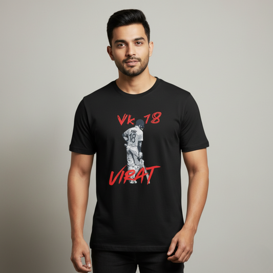 Black VK18 Virat T-shirt featuring Virat graphic with jersey number 18 in red and white.