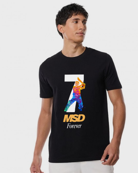 Black cotton round-neck t-shirt with bold white number 7 featuring colorful MS Dhoni batting graphic, and text “MSD Forever” printed below.