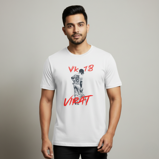 White VK18 Virat T-shirt featuring Virat graphic with jersey number 18 in red and White.