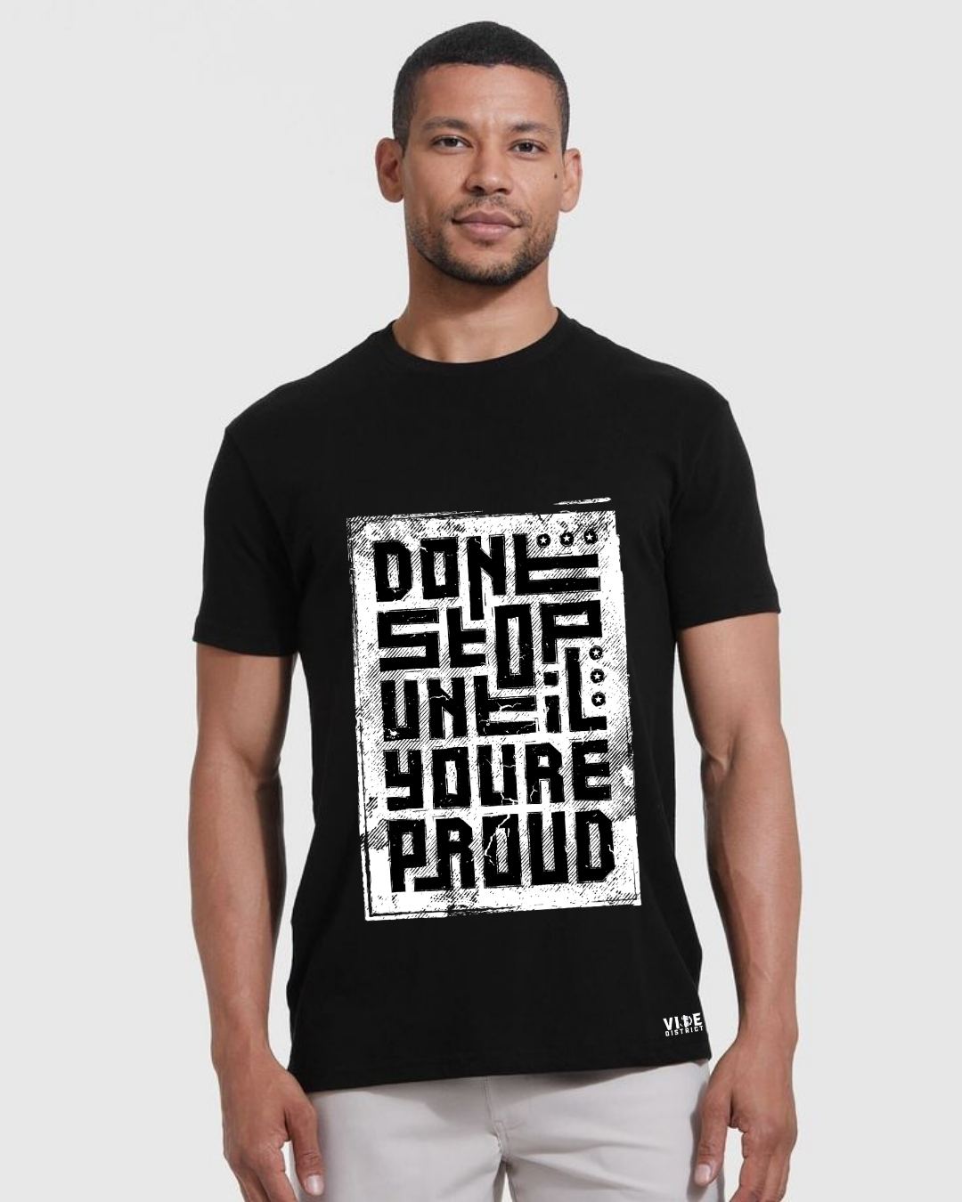 Don’t Stop Until You’re Proud Round Neck Tee Black | Vibe District Motivation Drop