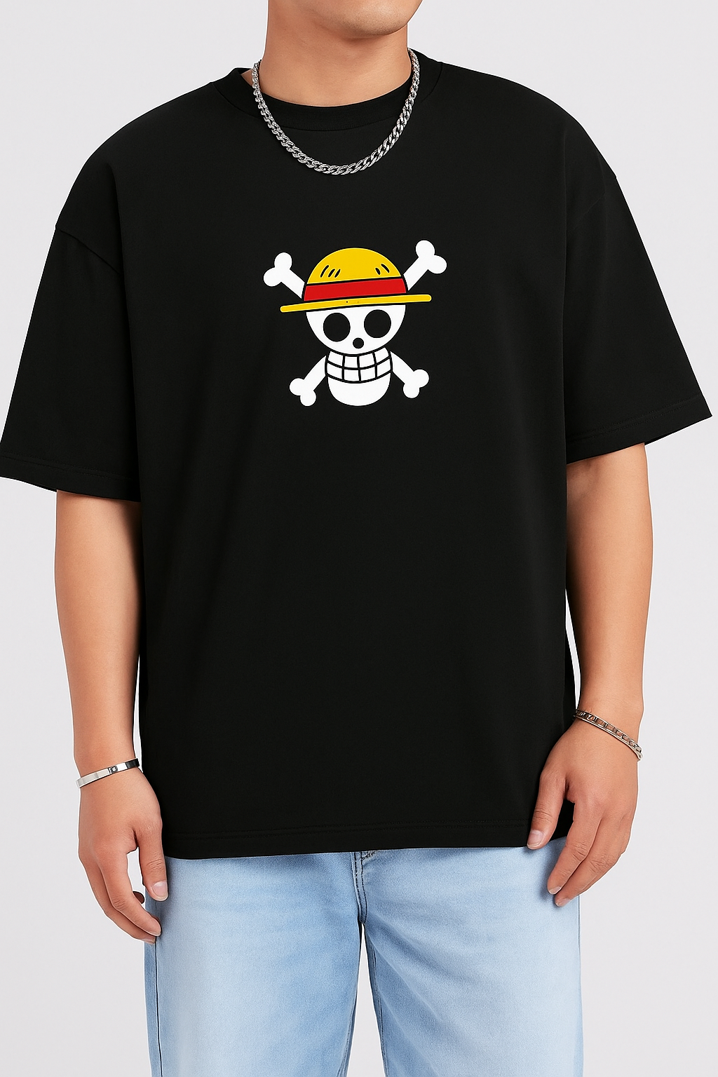 One Piece Jolly Roger Chest Print Oversized T-Shirt – Black