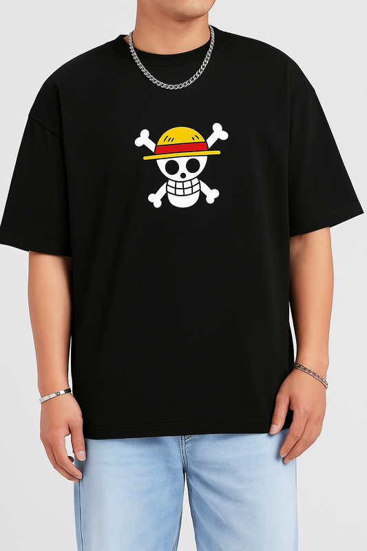 One Piece Jolly Roger Chest Print Oversized T-Shirt – Black