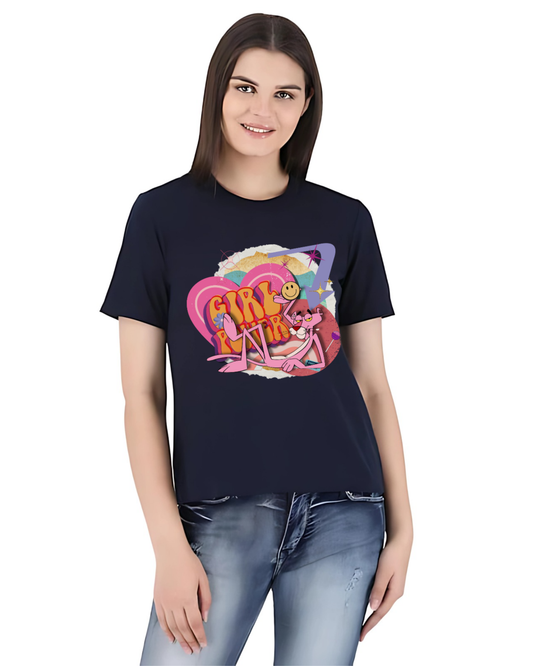 Girl Power Pink Panther Graphic Tee – Navy Blue
